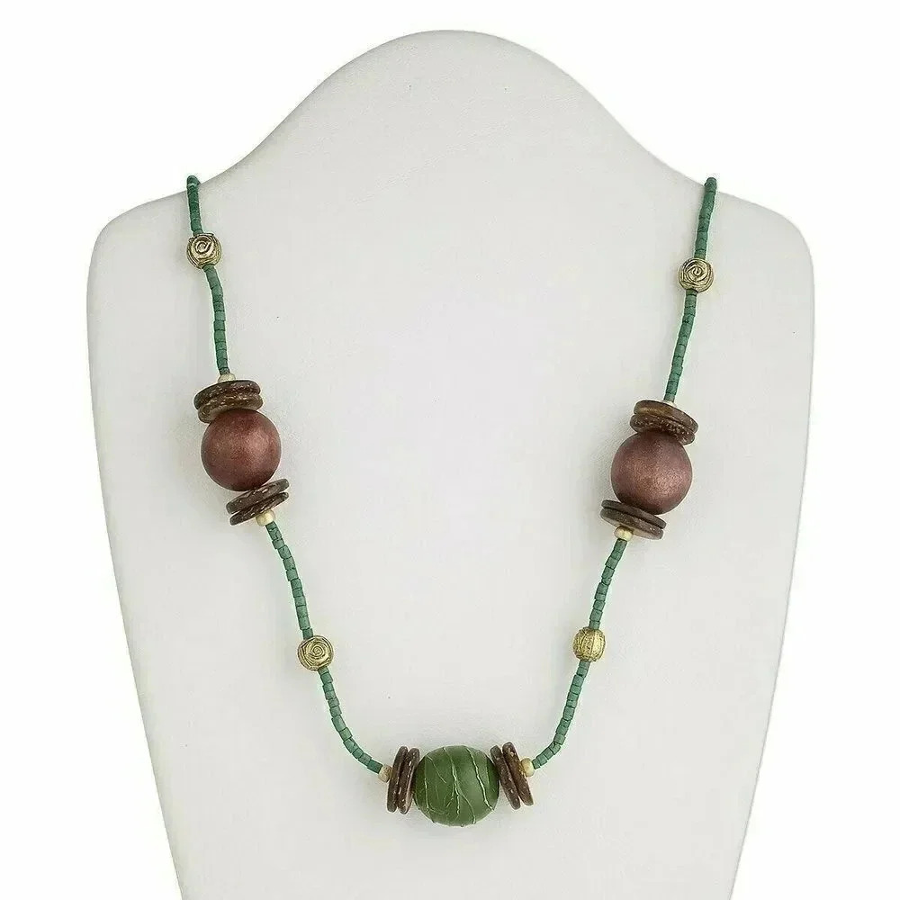 Handcrafted Ethnic Necklace Chunky Wood Brass Beads 32" Long Loop